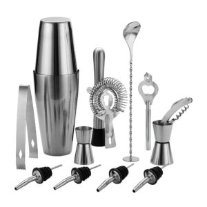 A set of cocktail shakers and accessories.